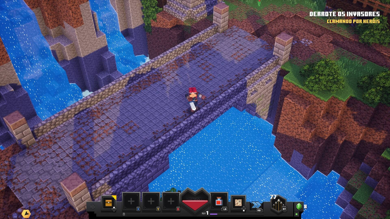 A hero crosses a bridge over a river during a mission in Minecraft Dungeons Ultimate Edition Xbox One key. Game available for purchase at RushGame.co