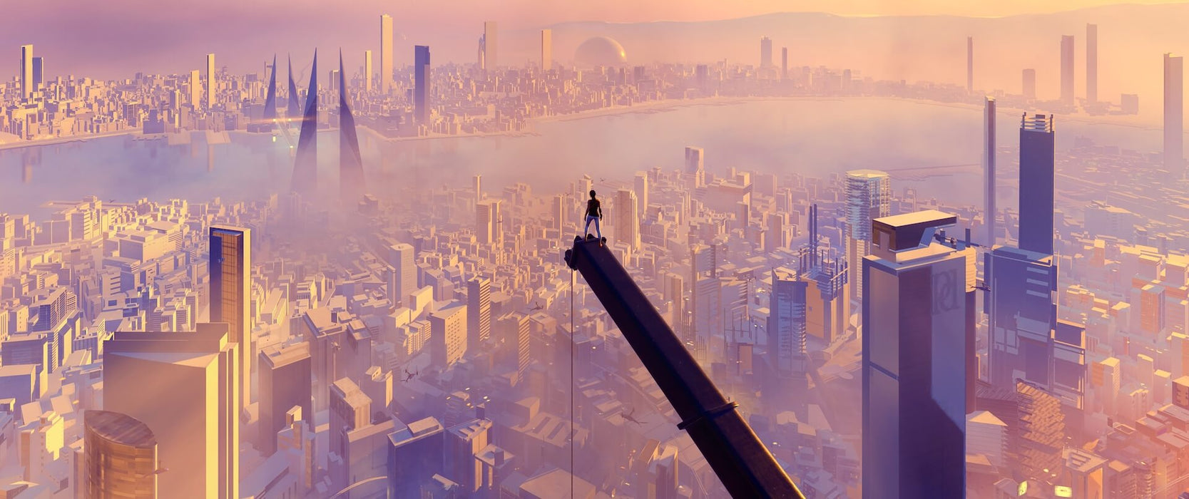 A breathtaking view of the city from the heights in Mirror's Edge Catalyst on PC EA Play. Witness the vast, high-tech world as you navigate through its iconic environments. Available at RushGame.co