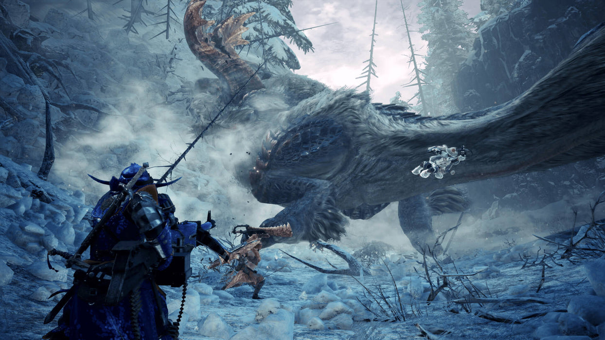 Team of hunters fighting a Beotodus monster in a snowy forest in Monster Hunter World: Iceborne Master Edition Deluxe steam key. Multiple hunters prepare to attack a Beotodus monster, highlighting cooperative gameplay. Find this thrilling adventure on PC Steam at RushGame.co