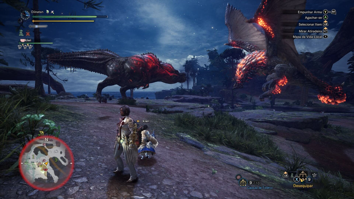 Monster Hunter: World - Dinosaurs and monsters battle gameplay: An intense encounter between two massive monsters, with a player standing nearby. Experience the thrill of monster battles with Monster Hunter: World on Xbox. Buy now on RushGame.co