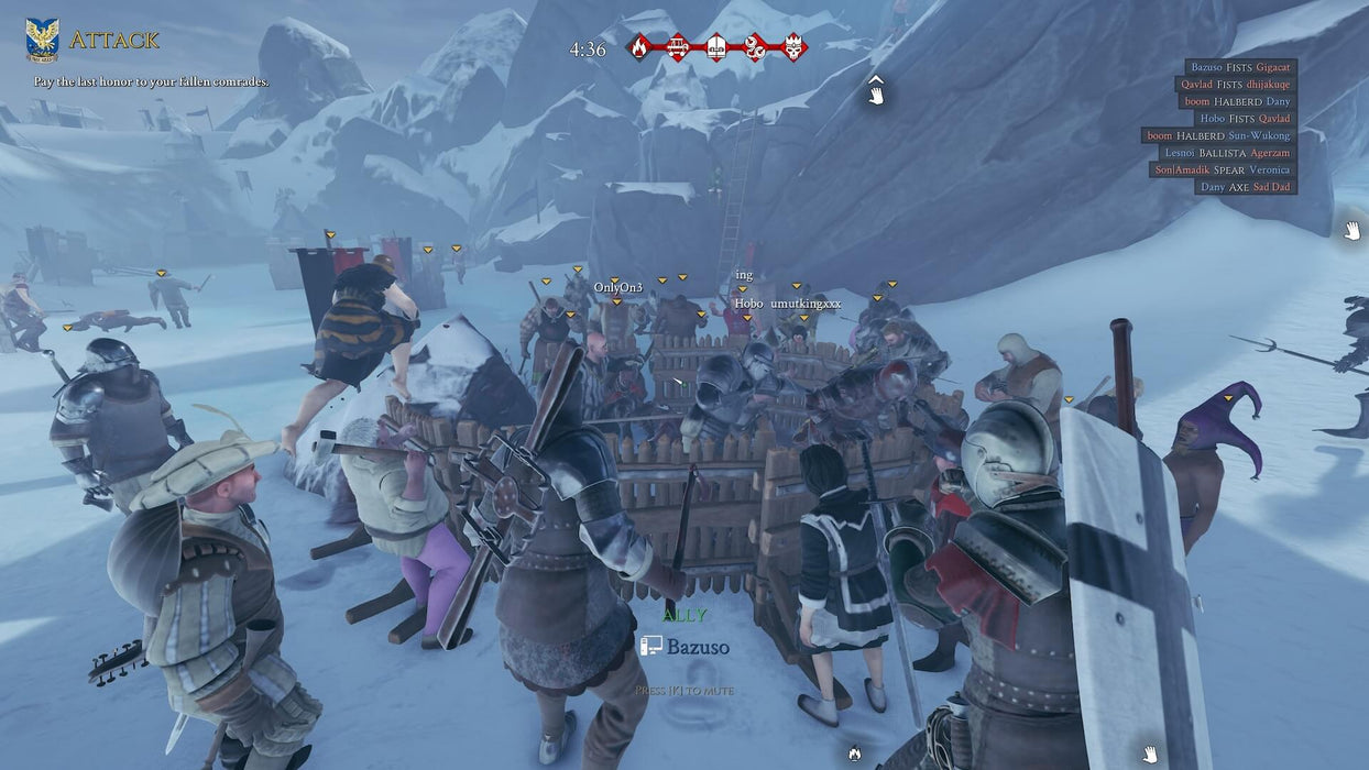 Mordhau PC gameplay screenshot showing a group of players in a battle formation in the snow – A chaotic scene in Mordhau where players are gathered in close combat, surrounded by snow-covered mountains. The image highlights the immersive multiplayer medieval warfare with various characters holding weapons and shields. Get Mordhau for PC Steam at RushGame.co and dive into the action