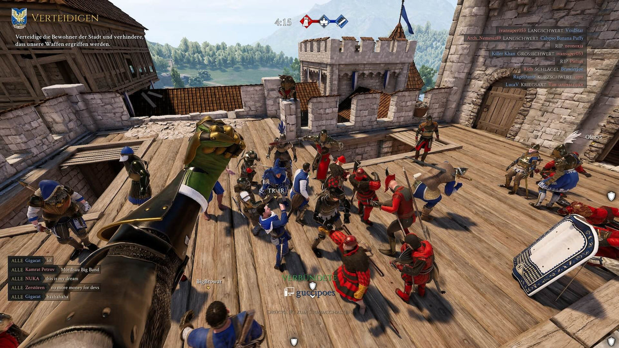 Mordhau multiplayer battle on top of a castle wall with players fighting in medieval armor – An action-packed multiplayer battle taking place on a castle rooftop, with players in blue and red teams fighting fiercely. The image shows the dynamic and intense combat scenarios available in Mordhau. Get the game on RushGame.co and join the fray