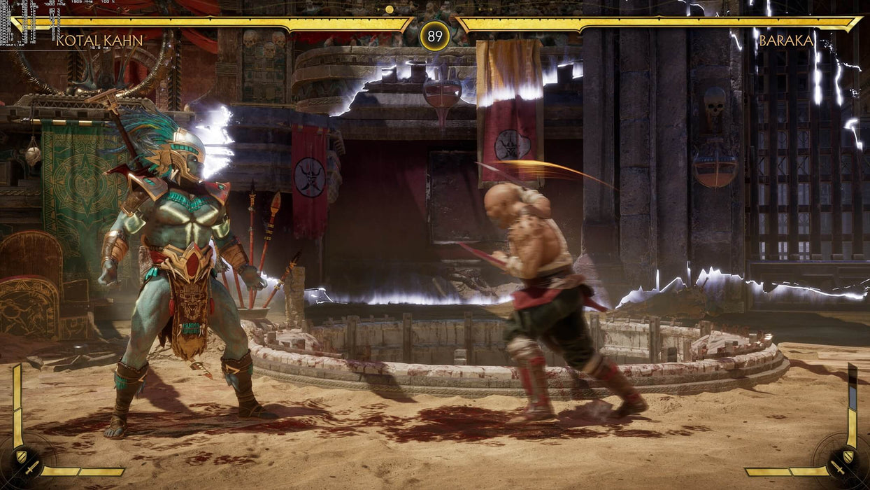 Kotal Kahn vs Baraka fight in Mortal Kombat 11 Ultimate – Kotal Kahn faces off against Baraka in the arena with powerful weapons drawn, set in the brutal world of Mortal Kombat 11 Ultimate Add-On Bundle for PC Steam. Secure your game key on RushGame.co today