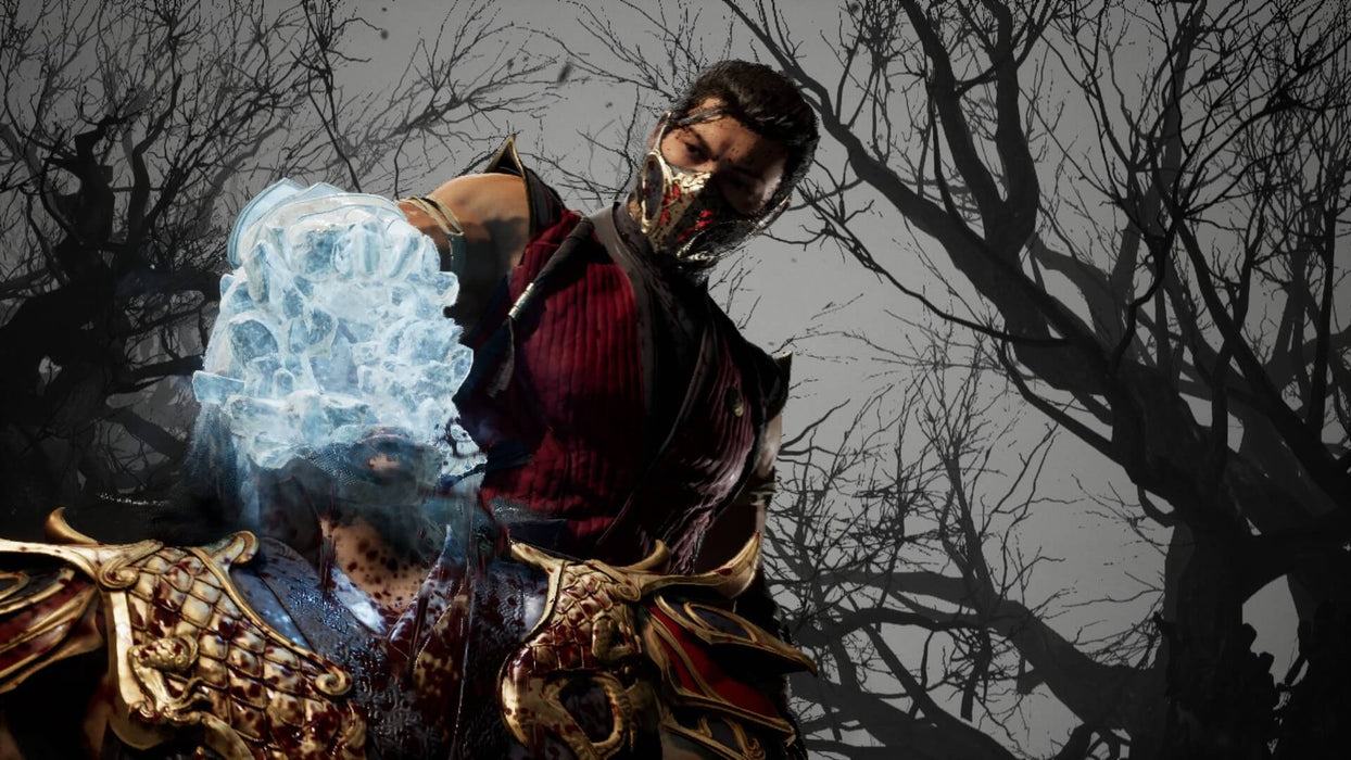 Mortal Kombat 1 Premium Edition gameplay screenshot showing Sub-Zero's fatality – A close-up shot of Sub-Zero delivering his iconic ice fatality move in Mortal Kombat 1 Premium Edition steam key. The background features a dark, eerie forest. Available on PC Steam at RushGame.co