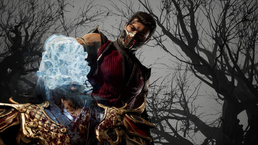 Mortal Kombat 1 Premium Edition gameplay screenshot showing Sub-Zero's fatality – A close-up shot of Sub-Zero delivering his iconic ice fatality move in Mortal Kombat 1 Premium Edition steam key. The background features a dark, eerie forest. Available on PC Steam at RushGame.co