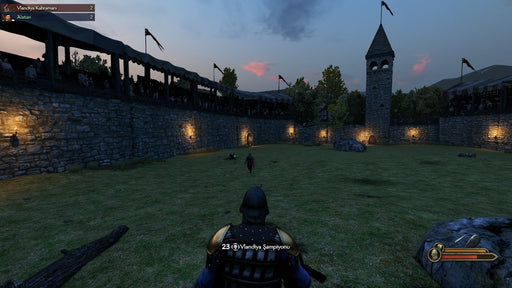 Mount & Blade II Bannerlord Tournament Gameplay – A warrior stands in a medieval tournament arena, preparing to face off against an opponent as the crowd watches from the battlements. Get your Mount & Blade II: Bannerlord game key for PC Steam from RushGame.co