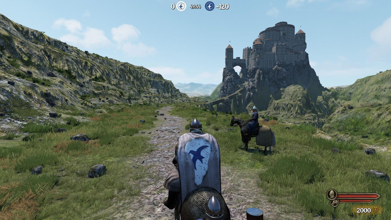 Mount & Blade II Bannerlord Open World Exploration – A knight on horseback travels through a scenic green valley toward a grand castle in Mount & Blade II: Bannerlord, exploring the vast open world. Find Mount & Blade II Bannerlord for PC on Steam at RushGame.co