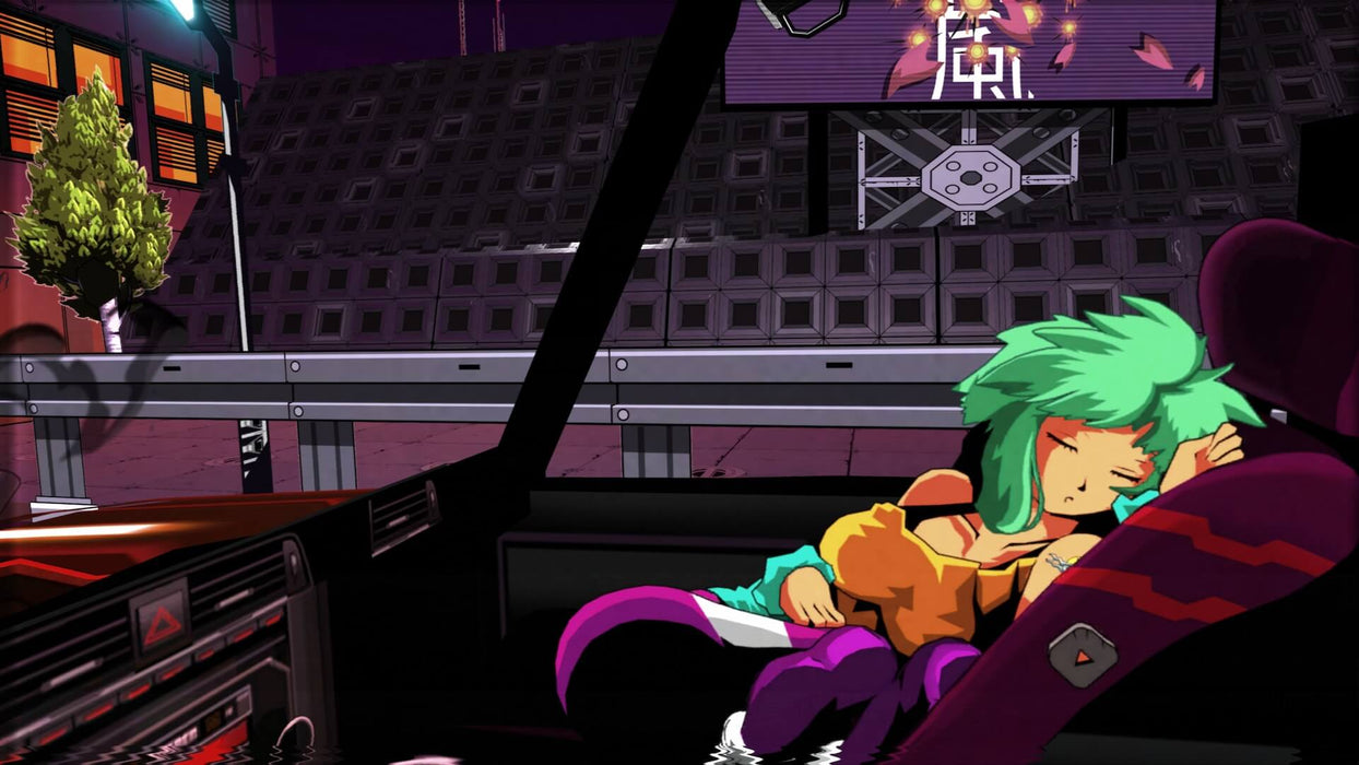 Mullet MadJack PC game - character resting in a futuristic car: A quiet moment in Mullet MadJack as a character with green hair rests in the backseat of a futuristic car in a cyberpunk-inspired city. From Mullet MadJack on PC Steam. Available at RushGame.co