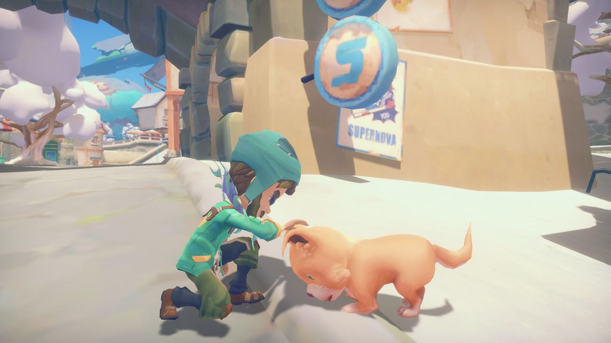 A character kneeling to pet a small dog in the winter streets of Portia in My Time At Portia Nintendo. Purchase the game key now at RushGame.co