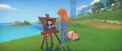 An NPC painting a portrait of a child on a peaceful hill near the water, accompanied by a pet pig in My Time At Portia Nintendo code. Get the game key at RushGame.co