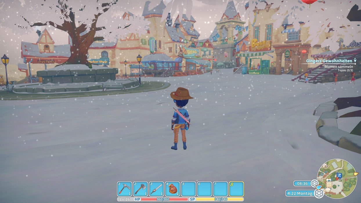 A player stands in the snowy town square of Portia, with shops and buildings covered in snow in My Time At Portia for Nintendo. Buy the game key today at RushGame.co.