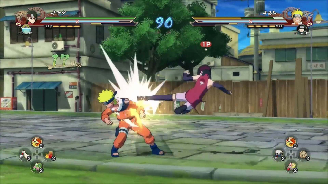 Naruto vs Sarada intense combat - Naruto faces off against Sarada in a one-on-one fight. The screenshot shows Naruto taking a hit as Sarada executes a powerful kick, with health bars and combo counters visible. Get your Xbox game key at RushGame.co