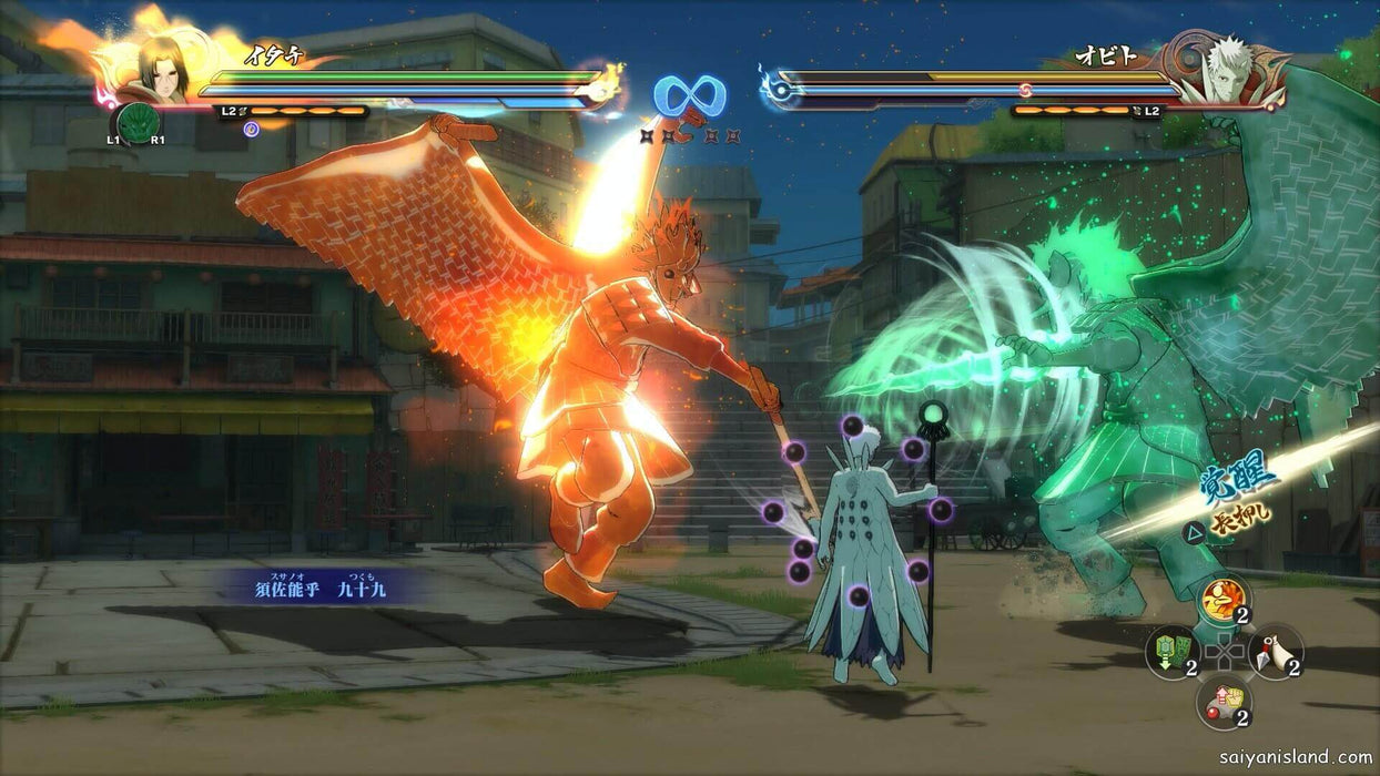 Epic battle between Itachi and Obito in NARUTO SHIPPUDEN: Ultimate Ninja STORM 4 Road to Boruto - A visually stunning fight sequence where Itachi and Obito unleash powerful attacks. The screen shows vibrant energy effects and in-game stats. Available on Xbox at RushGame.co