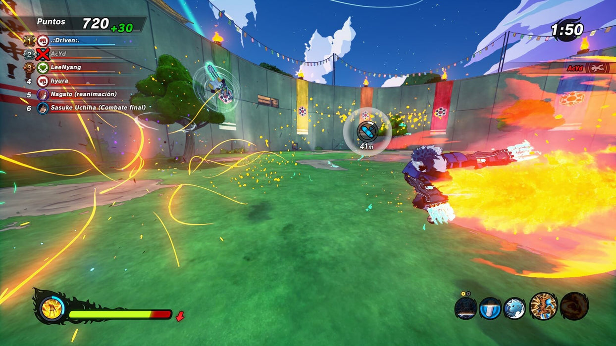 Naruto To Boruto: Shinobi Striker PC Steam Multiplayer Match – Two players engage in a heated battle, with one unleashing a fiery attack in the center of a combat arena. This action-packed screenshot reflects the competitive multiplayer mode featured in Shinobi Striker, available on Steam at RushGame.co