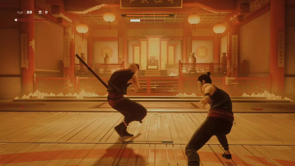 Martial arts battle scene from Sifu on Epic Games, featuring an intense duel in a dojo setting. Get your Sifu Epic Games Key at RushGame.co and immerse yourself in challenging hand-to-hand combat