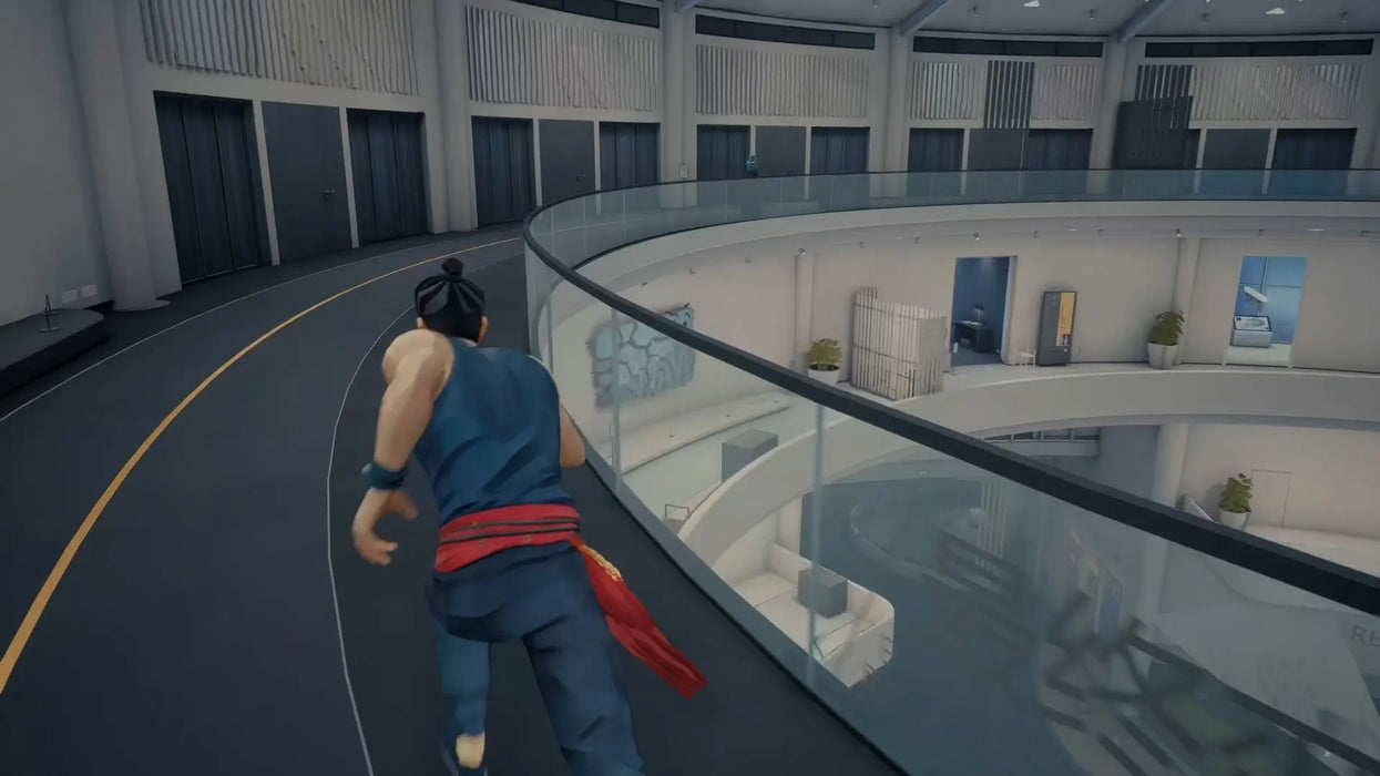 Gameplay screenshot from Sifu on Epic Games showing the main character exploring a sleek, modern hallway with curved architecture. Experience intense martial arts action—buy your Sifu Epic Games Key today at RushGame.co