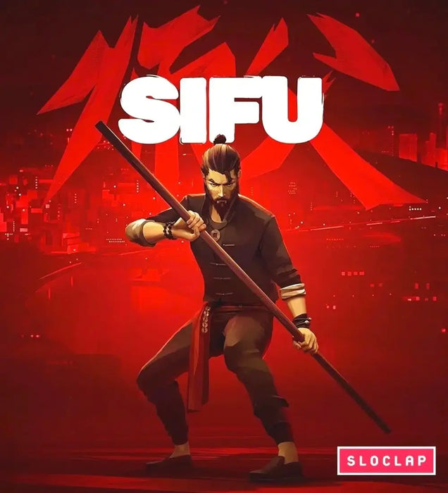 Sifu Epic Games Key digital cover art featuring the main martial artist in a fighting stance with a staff, set against a dramatic red cityscape background. Purchase your Sifu Epic Games Key instantly at RushGame.co for fast code delivery and secure checkout