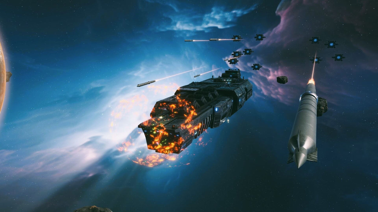 Epic space battle in Sins of a Solar Empire II with large warships engaging in missile combat in outer space. Experience this intense strategy game with stunning galactic visuals. Buy the game code now on RushGame.co