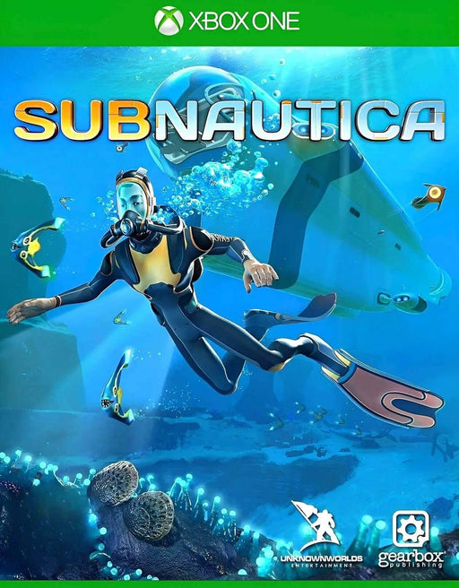 Official game cover for Subnautica Xbox One, featuring a diver exploring the ocean depths with futuristic gear. Buy your Subnautica Xbox One Key instantly at RushGame.co.