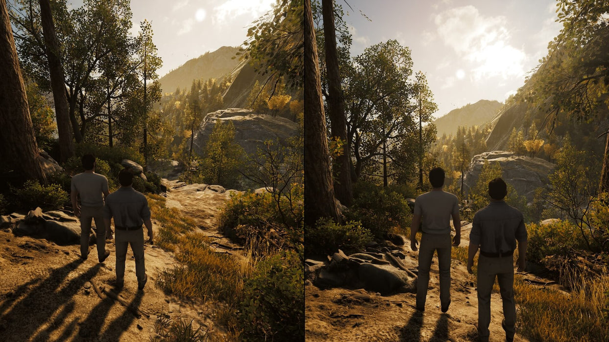 A Way Out split-screen cooperative gameplay set in a scenic outdoor environment. Grab your Xbox One CD Key instantly at RushGame.co and enjoy teamwork like never before