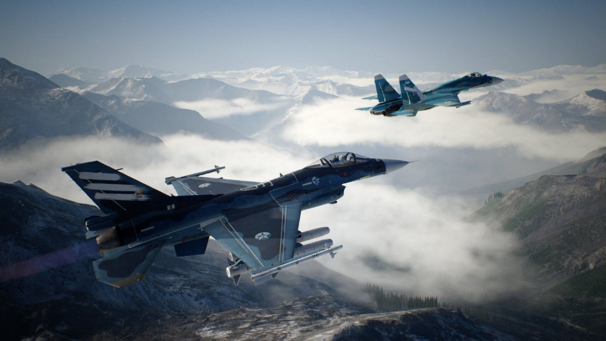 High-speed air combat action in ACE COMBAT 7: SKIES UNKNOWN, featuring an intense dogfight above the ocean. Purchase your Xbox key today at RushGame.co!