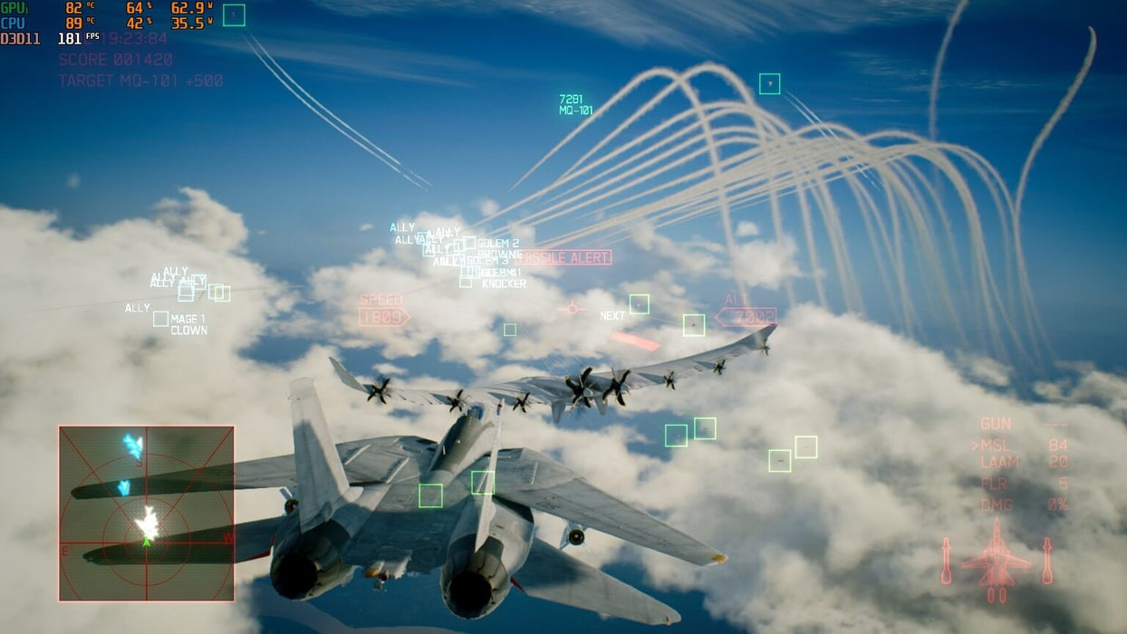 An aerial mission briefing interface in ACE COMBAT 7: SKIES UNKNOWN, showing advanced HUD elements and enemy tracking. Buy the Xbox CD key online at RushGame.co!