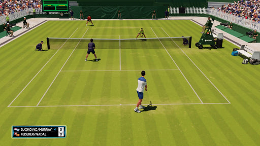 Doubles match on a grass court with famous players like Djokovic, Murray, Federer, and Nadal. Realistic stadium atmosphere and dynamic gameplay. Available at RushGame.co