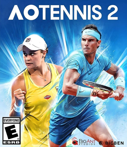 Official cover art for AO Tennis 2 on PC via Steam, featuring top tennis players in action. Buy your digital steam game key now at RushGame.co