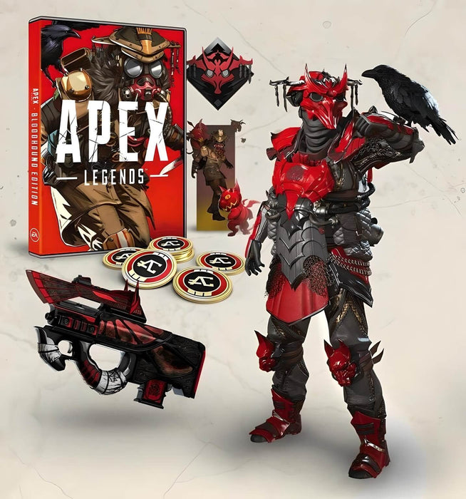 Apex Legends Bloodhound Edition content showcase, featuring exclusive red and black Bloodhound skin, themed weapon skin, in-game currency tokens, and other special collectibles. Buy now at RushGame.co