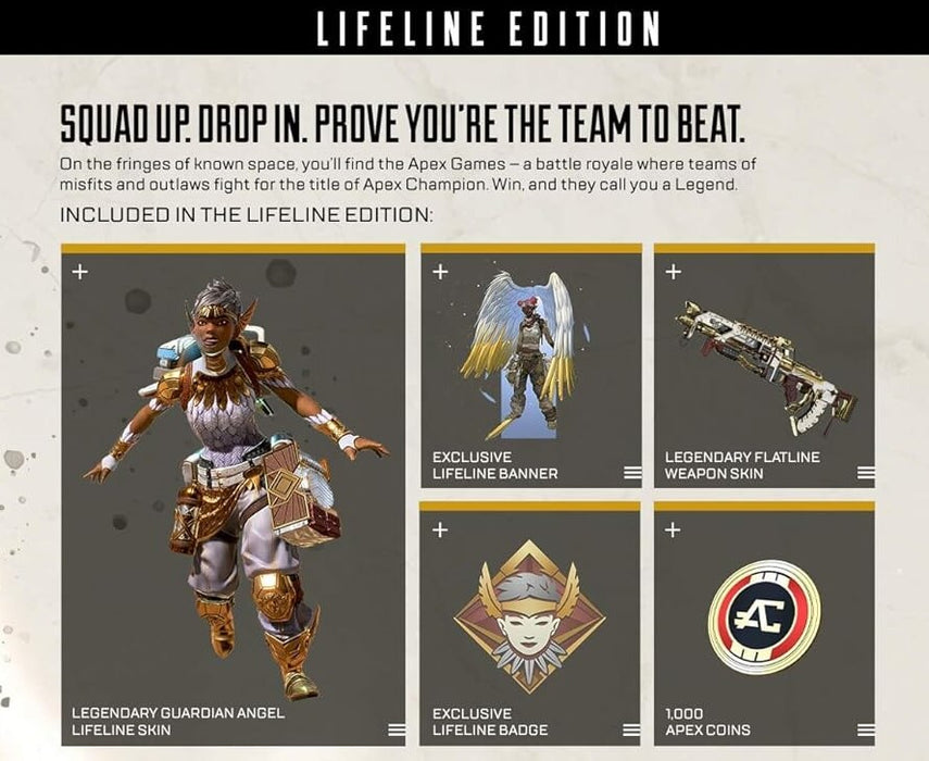 Apex Legends - Lifeline Edition promotional image showcasing exclusive content, including the Legendary Guardian Angel Lifeline skin, exclusive Lifeline banner, Legendary Flatline weapon skin, exclusive Lifeline badge, and 1,000 Apex Coins. Available now at RushGame.co