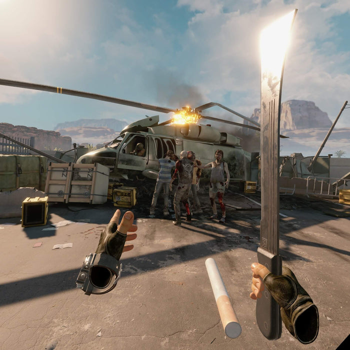 Arizona Sunshine 2 PC Steam CD Key - Close Combat with Zombies
Face off against the undead in Arizona Sunshine 2! This action-packed VR screenshot shows a player preparing to strike zombies near a crashed helicopter using a machete