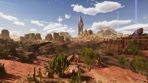 Screenshot of ARK: Survival Ascended featuring a vast desert landscape with towering rock formations, green vegetation, and a mysterious futuristic structure in the distance. A dinosaur roams the wild terrain, capturing the essence of survival in a prehistoric world. Buy your Steam CD Key at RushGame.co