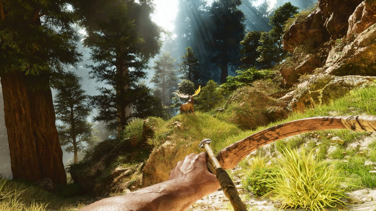 First-person view of a player hunting in a lush forest in ARK: Survival Ascended, aiming a bow at a majestic moose in a sunlit valley. Master survival skills and craft weapons to thrive in the wild. Purchase your game key at RushGame.co