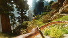 First-person view of a player hunting in a lush forest in ARK: Survival Ascended, aiming a bow at a majestic moose in a sunlit valley. Master survival skills and craft weapons to thrive in the wild. Purchase your game key at RushGame.co