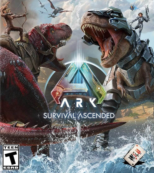 ARK: Survival Ascended cover art for PC Steam CD Key showcasing intense dinosaur battles, where armored creatures and warriors engage in a fierce fight. Experience the ultimate survival adventure with stunning graphics and dynamic gameplay. Get your game key at RushGame.co