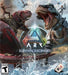 ARK: Survival Ascended cover art for PC Steam CD Key showcasing intense dinosaur battles, where armored creatures and warriors engage in a fierce fight. Experience the ultimate survival adventure with stunning graphics and dynamic gameplay. Get your game key at RushGame.co