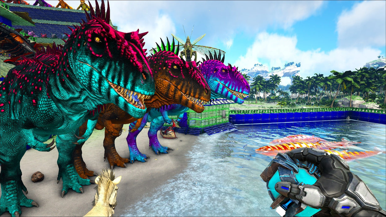Brightly Colored Dinosaurs in ARK: Survival Evolved)
A collection of neon-colored dinosaurs, including fierce T-Rexes, stand by a futuristic-looking water pool, creating a striking contrast against the tropical jungle. Explore the endless possibilities of ARK: Survival Evolved - get your game key today at RushGame.co and tame legendary creatures!