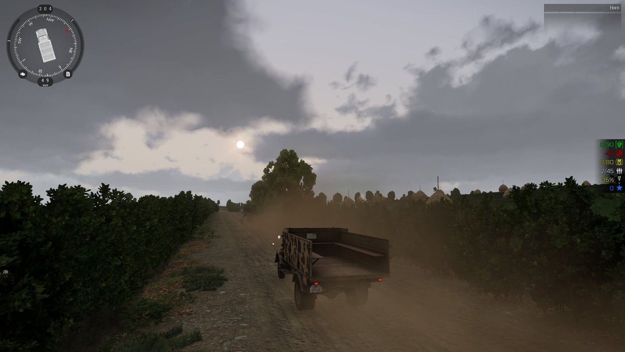 A military truck speeding down a dusty road in ARMA 3, surrounded by rural fields and a setting sun. Buy your ARMA 3 Steam Activation Key at RushGame.co and engage in authentic battlefield scenarios.