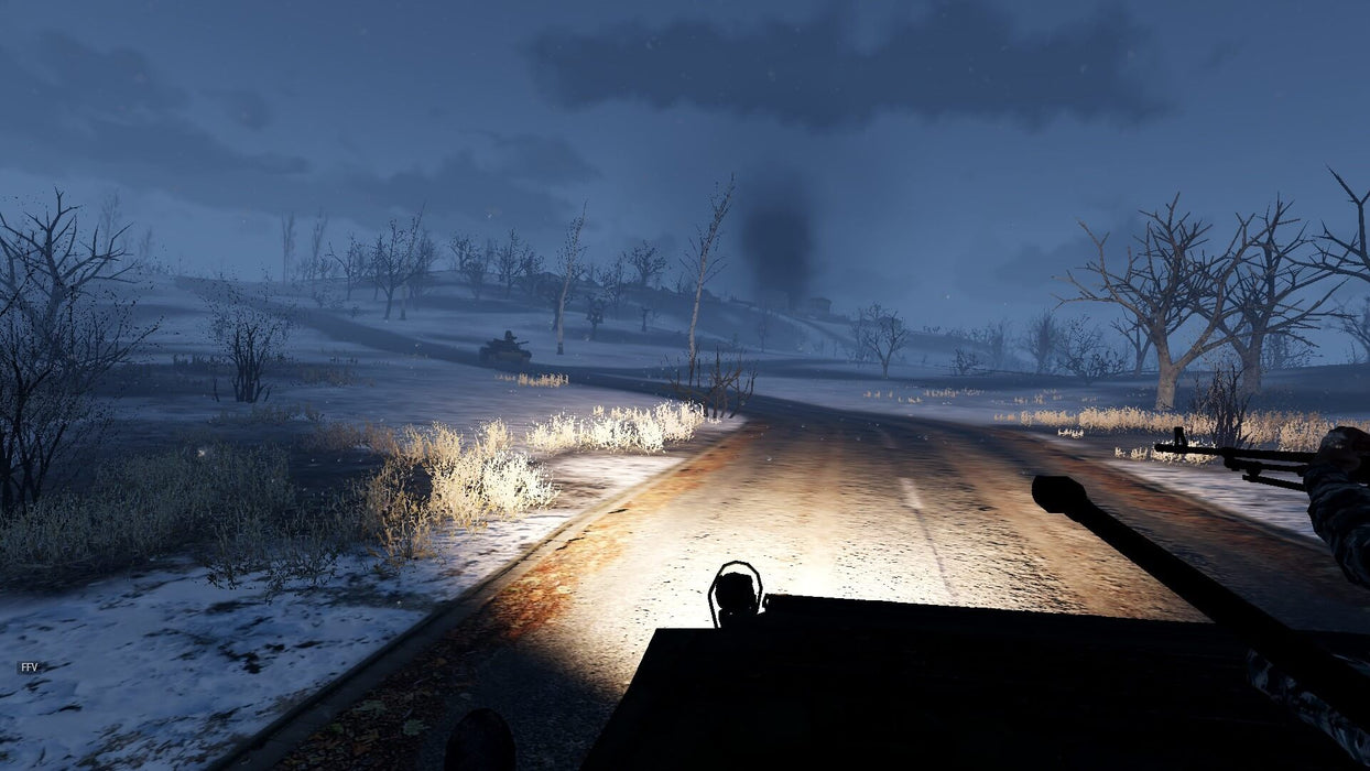 A nighttime combat operation in ARMA 3, featuring a convoy moving through a snowy, war-torn landscape under dim headlights. Get your ARMA 3 PC Steam CD Key at RushGame.co and experience realistic military missions.