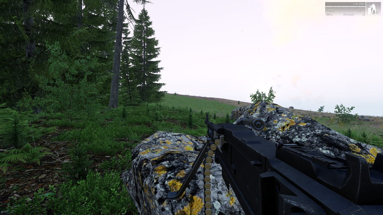 A first-person perspective in ARMA 3, showcasing a heavy machine gun with a belt-fed ammo system, set in a dense forest environment. Grab your ARMA 3: Digital Deluxe Edition CD Key at RushGame.co and engage in high-intensity combat
