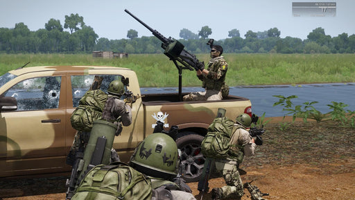 Arma 3 Tactical Squad in Combat – A squad of heavily armed soldiers takes cover behind a bullet-riddled pickup truck, engaging in a firefight in a lush open field. Experience tactical warfare and realistic FPS combat—buy your Arma 3 PC Steam CD Key now at RushGame.co and join the battle.