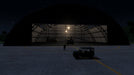 Arma 3 Military Hangar at Night – A dark military airfield scene featuring a dimly lit hangar housing Chinook helicopters and an awaiting jeep under the night sky. Secure your Arma 3 PC Steam CD Key from RushGame.co and explore a dynamic battlefield with air, land, and sea combat.