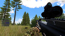 Arma 3 Sniper in the Wild – A first-person perspective of a sniper aiming a high-powered rifle with a scope in an open field with trees and clear skies. Dominate the battlefield with precision—purchase your Arma 3 PC Steam CD Key at RushGame.co and experience the ultimate military simulation.