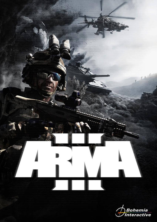 Arma 3 PC Steam CD Key Cover – The official cover art of Arma 3, showcasing a soldier in tactical gear with a modern battlefield backdrop, featuring helicopters, armored vehicles, and troops in action. Get your Arma 3 PC Steam CD Key instantly at RushGame.co and dive into intense military combat with realistic warfare simulations.