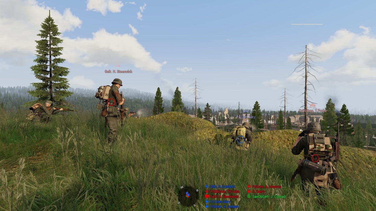 A battlefield scene with soldiers moving strategically across a grassy landscape, preparing for an assault on an enemy-held town. Command your troops and dominate the battlefield—get your Arma 3 Ultimate Edition Steam Key today at RushGame.co