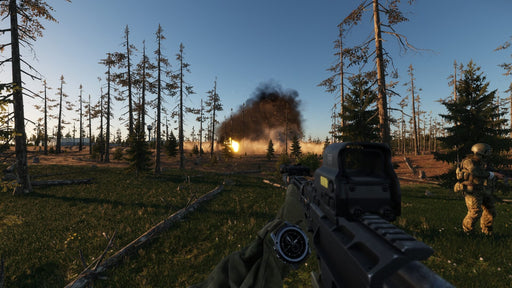 In-game action from Arma Reforger, featuring an intense battle with an explosion in a dense forest. Buy your Arma Reforger PC Steam CD Key at RushGame.co and experience next-level tactical warfare with stunning visuals and realistic firefights