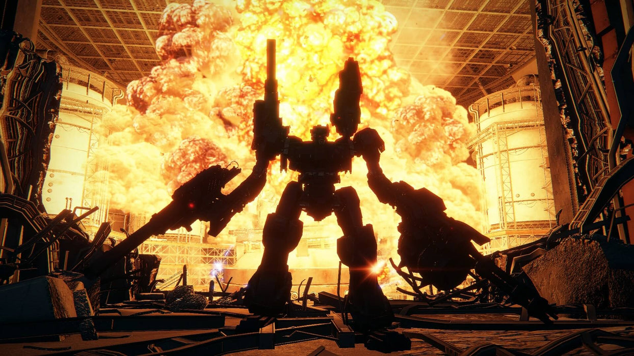 A powerful battle mech stands silhouetted against a fiery explosion inside an industrial facility in Armored Core VI: Fires of Rubicon. Purchase your Steam CD Key instantly at RushGame.co and customize your ultimate war machine for thrilling fights.