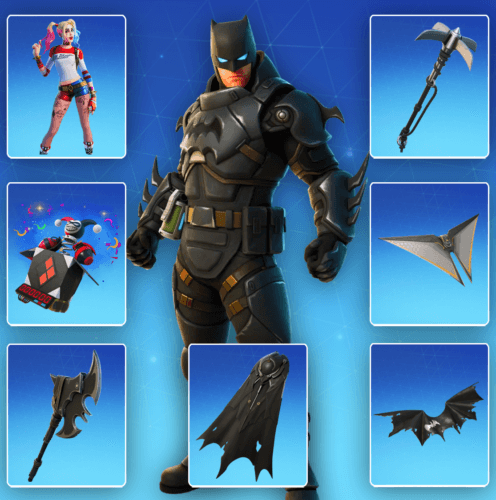  image of the Armored Batman Zero outfit in Fortnite on PC (Epic Games), showcasing the Dark Knight in a tactical Batsuit alongside themed accessories like pickaxes, gliders, and back bling. Get your Fortnite - Batman Zero Point Collection DLC CD Key now at RushGame.co