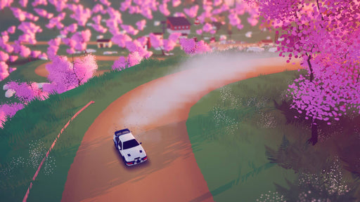 Art of Rally PC Steam CD Key Gameplay – Cherry Blossom Drift – A rally car drifts on a dirt road through a breathtaking landscape of cherry blossoms, leaving a trail of dust behind. Experience the artistic racing gameplay of Art of Rally by purchasing your Steam CD Key at RushGame.co