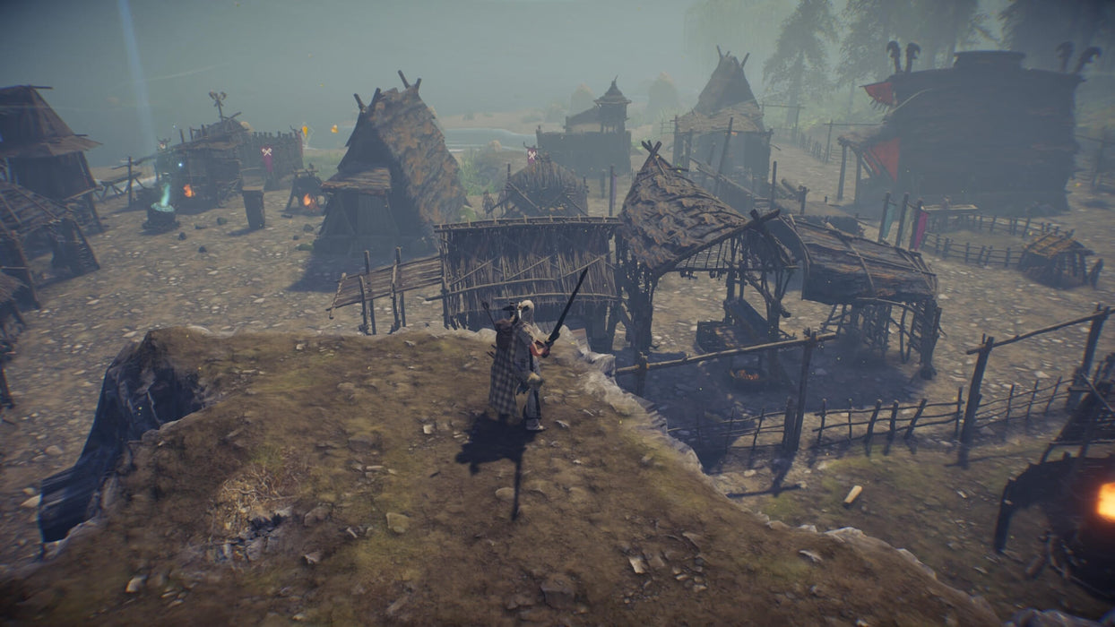 A fortified Viking village with wooden huts, defenses, and mystical totems, as a warrior observes from a hilltop. Build and defend your own Norse settlement with the ASKA Steam Key, available at RushGame.co